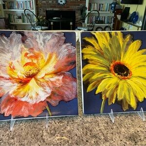 Floral Ceramic Art Plates - Yellow and Pink